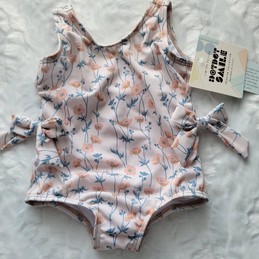 Dot Dot Smile Swimsuit Girl's 2T Beige Floral & Bows One Piece Swim NWT